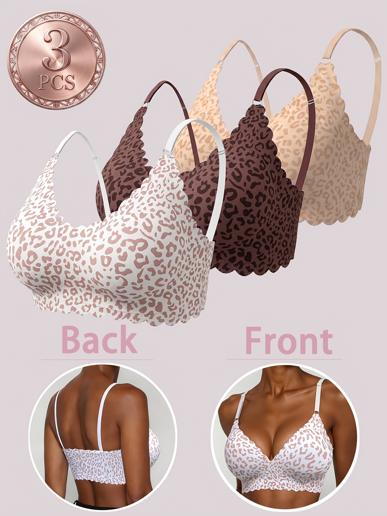 3pcs Women's Leopard Print Wireless Bra Set, Comfortable Style
